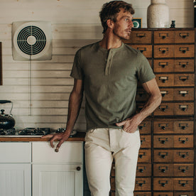 The Short Sleeve Heavy Bag Henley in Washed Olive - featured image
