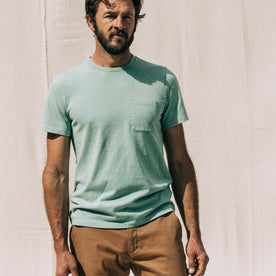 our fit model wearing The Heavy Bag Tee in Dusty Teal