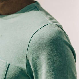 our fit model wearing The Heavy Bag Tee in Dusty Teal