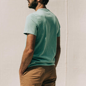 our fit model wearing The Heavy Bag Tee in Dusty Teal