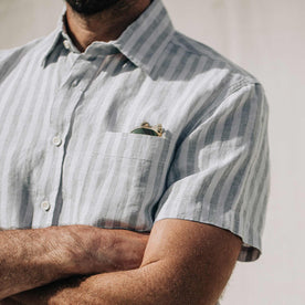 our fit model wearing The Short Sleeve California in Grey Stripe