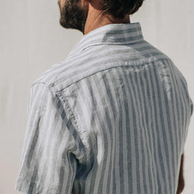 our fit model wearing The Short Sleeve California in Grey Stripe