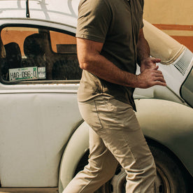 fit model wearing The Democratic All Day Pant in Aluminum Bedford Cord, walking right