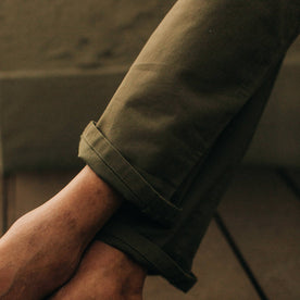 fit model wearing The Slim All Day Pant in Olive Bedford Cord, cuffed