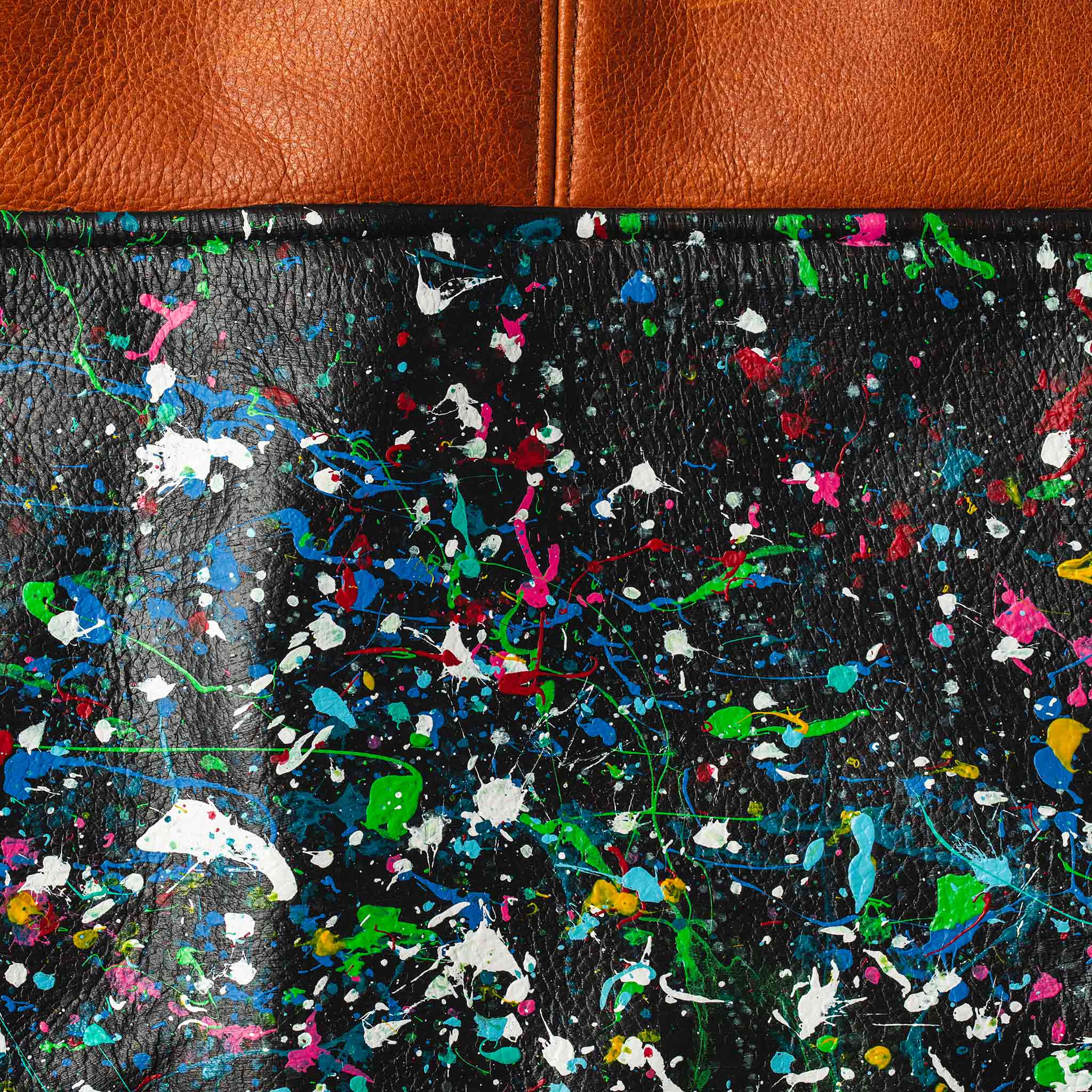 material shot of the cosmos paint detailing on The Moto Jacket in Whiskey & Cosmos, Outerwear by Taylor Stitch