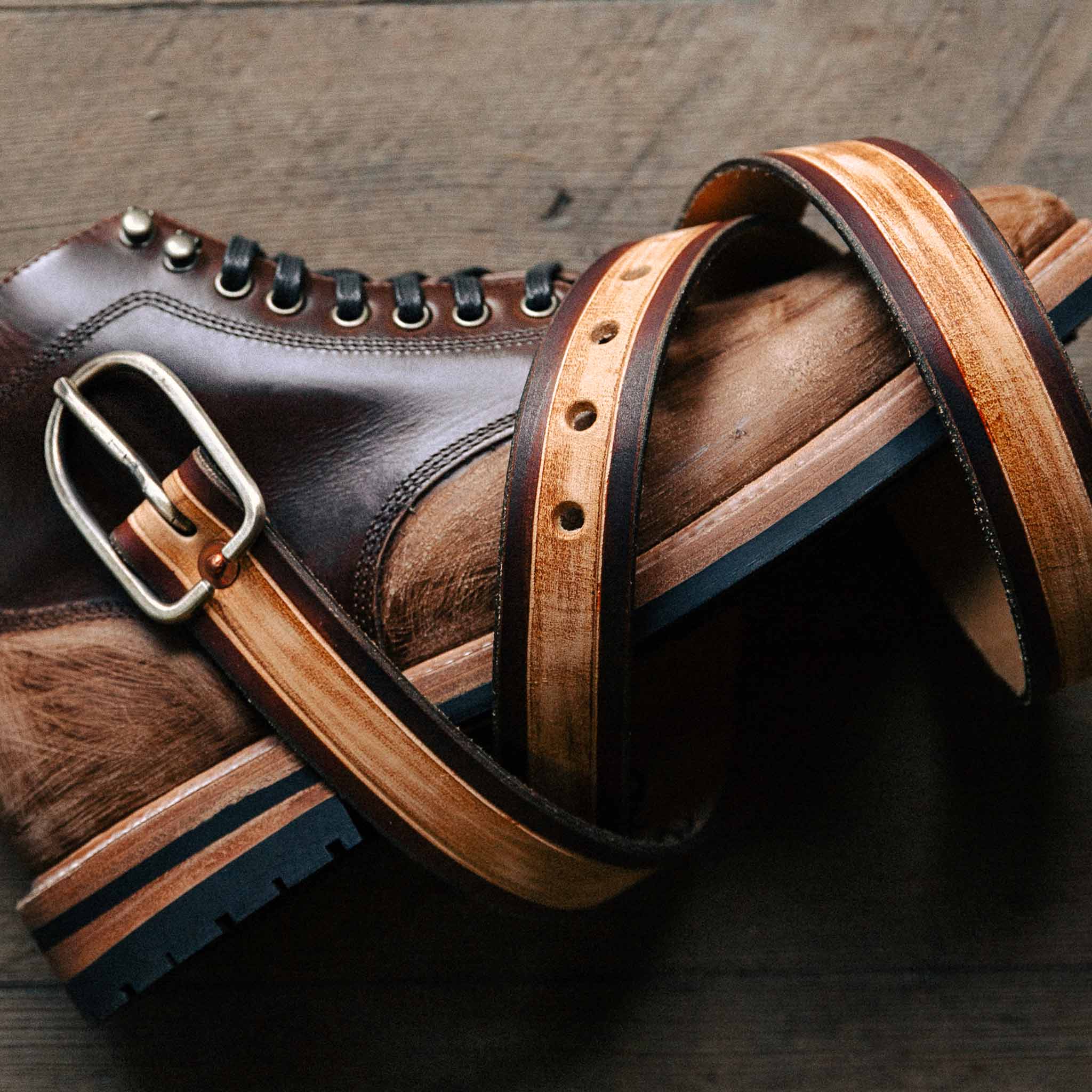 The Stitched Belt in Cortado paired with the trench boot, Accessories by Taylor Stitch