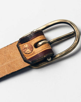 studio shot of The Stitched Belt in Cortado—buckle detail, Accessories by Taylor Stitch