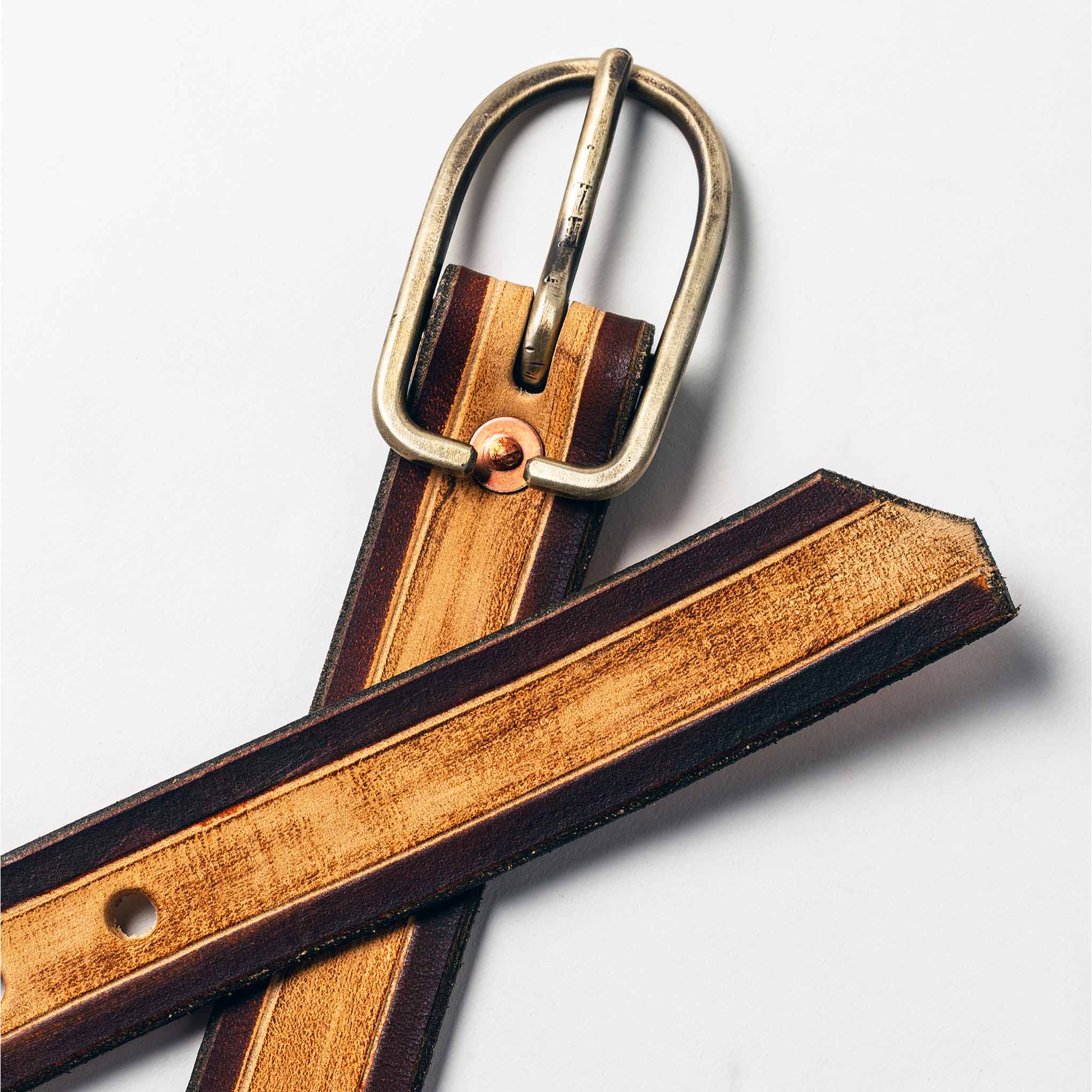 studio shot of The Stitched Belt in Cortado—material and buckle shot, Accessories by Taylor Stitch