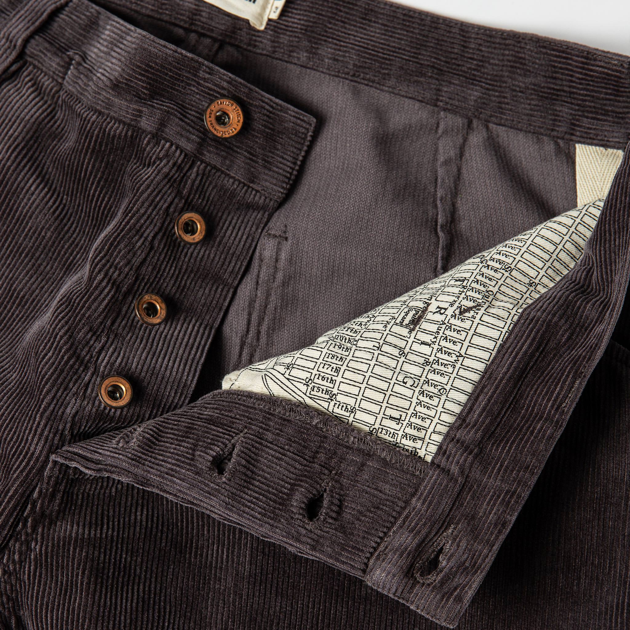 material shot of buttons and map interior , Bottoms by Taylor Stitch