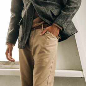 our fit model wearing The Camp Pant in Khaki Reverse Sateen—cropped shot of pant