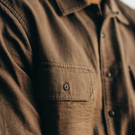 our fit model wearing The Corso in Walnut Double Cloth—cropped shot of chest