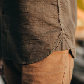our fit model wearing The Corso in Walnut Double Cloth—cropped shot of bottom seem detail