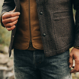 fit model wearing The Decker Jacket in Wool Beach Cloth, jacket bottom