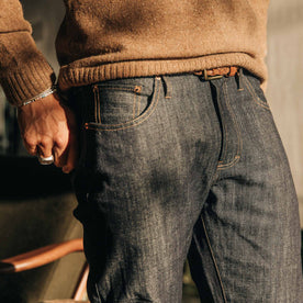 our fit model wearing The Democratic Everyday Jean—cropped shot of jean