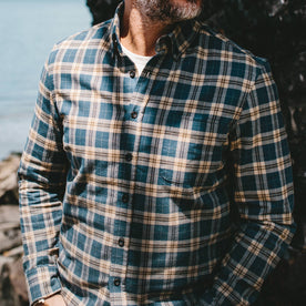 our fit model wearing The Jack in Brushed Navy Plaid—cropped shot of chest
