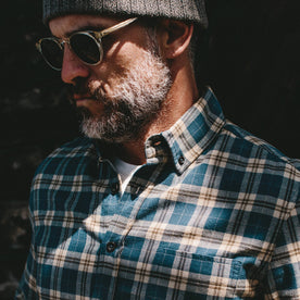 our fit model wearing The Jack in Brushed Navy Plaid—cropped shot from chest up