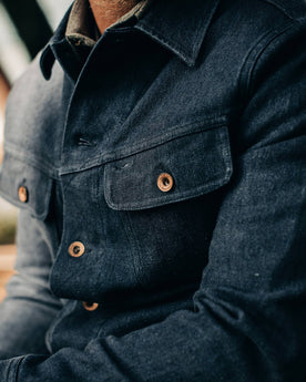 The Long Haul Jacket in Indigo Boss Duck—cropped shot of chest, Outerwear by Taylor Stitch
