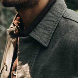 our fit model wearing The Long Haul Jacket in Moss Brushed Reverse Sateen—cropped shot of collar