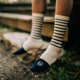 our fit model outdoors with our merino socks