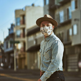 our fit model wearing The Pleated Mask in SF Map Print—out on the street