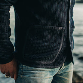 our fit model wearing The Port Jacket in Indigo Sashiko—cropped shot of right pocket