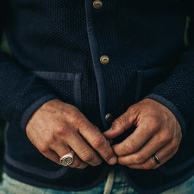our fit model wearing The Port Jacket in Indigo Sashiko—cropped shot of buttons