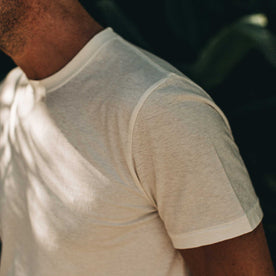 our fit model wearing The Standard Issue Tee in Natural Hemp—sleeve shot