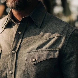 our fit model wearing The Western Shirt in Olive Melange—close up of chest