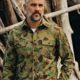 our fit model wearing The Yosemite Shirt in Arid Camo—cropped shot looking forward