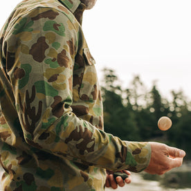 our fit model wearing The Yosemite Shirt in Arid Camo—cropped shot of shoulder