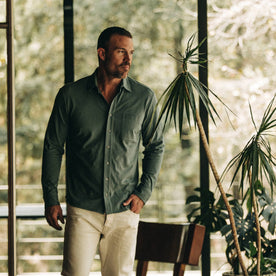fit model wearing The California in Sea Green Pique,  hand in pocket indoors