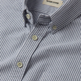 material shot of the collar and buttons on The Jack in Navy University Stripe Everyday Oxford