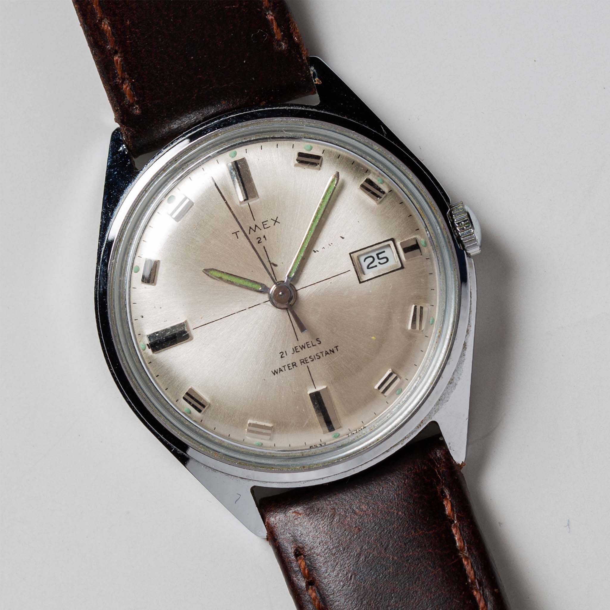 material shot of the watchface on The 1970 Timex 21, Accessories by Taylor Stitch