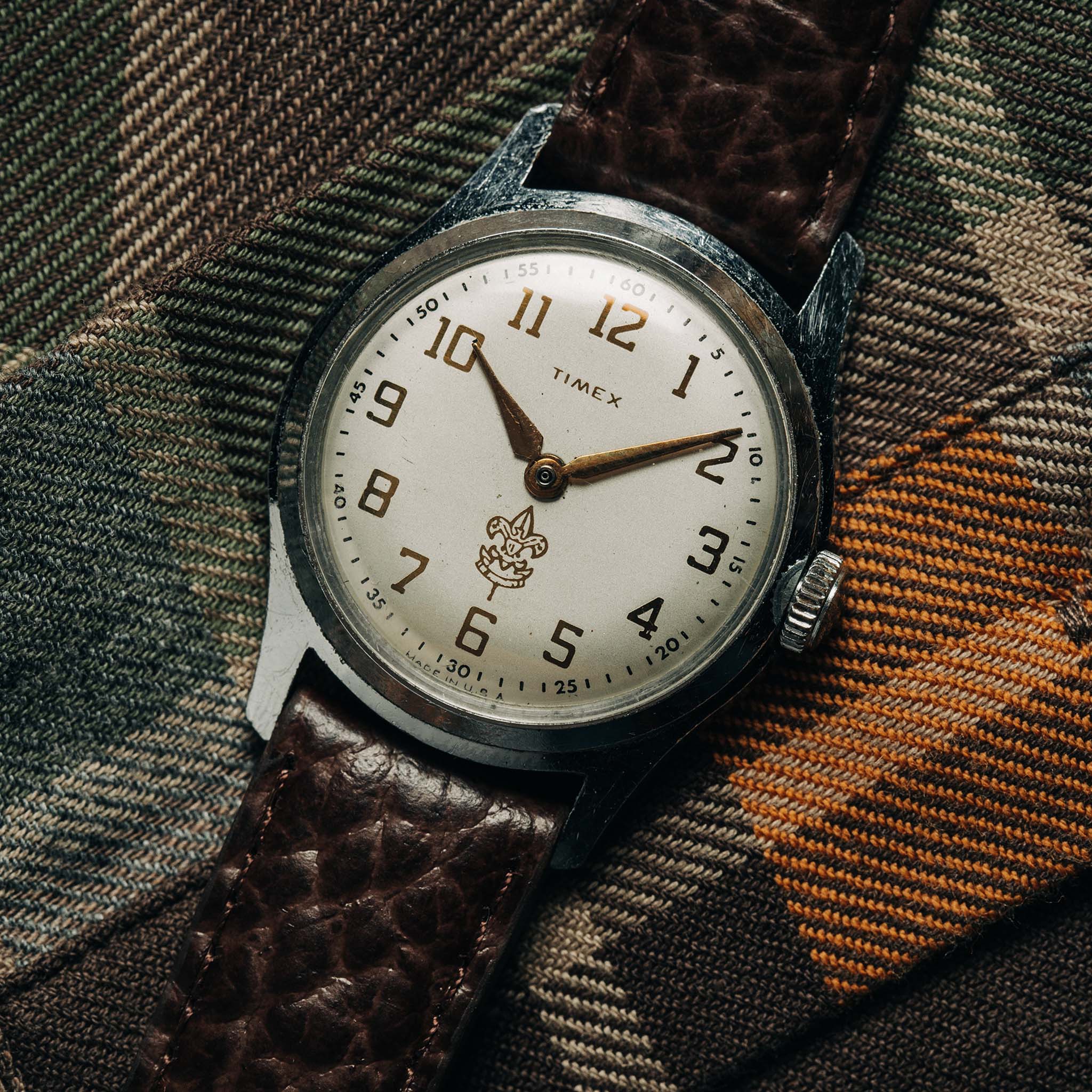 editorial image of the watchface for The 1958 Timex Marlin Boy Scout, Accessories by Taylor Stitch