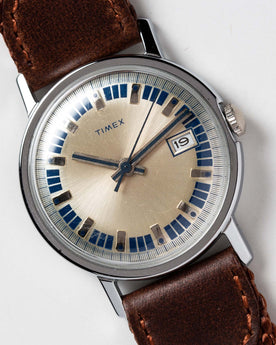 material shot of the watchface on The 1974 Timex Mercury Calendar Silver, Accessories by Taylor Stitch