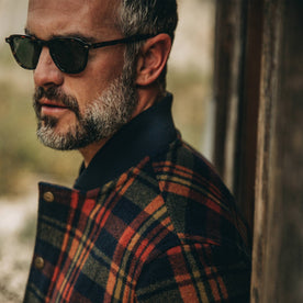 fit model wearing The Bomber Jacket in Navy Plaid Wool, side shot