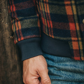 fit model wearing The Bomber Jacket in Navy Plaid Wool, sleeve