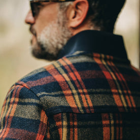 fit model wearing The Bomber Jacket in Navy Plaid Wool, back