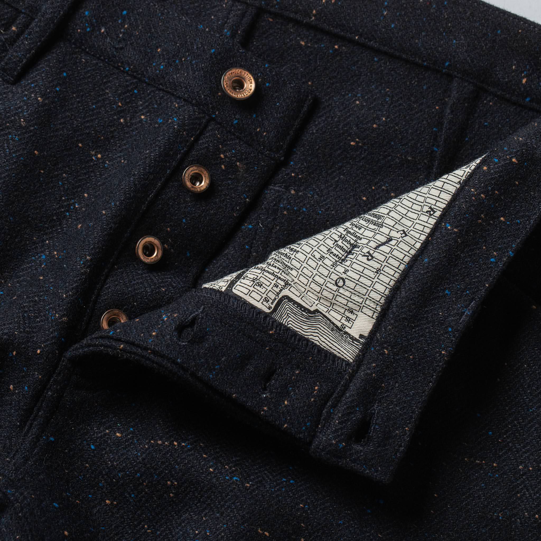 material shot of buttons and map interior , Bottoms by Taylor Stitch