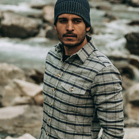 fit model wearing The Crater Shirt in Ash Plaid, looking onward