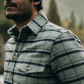 fit model wearing The Crater Shirt in Ash Plaid, shoulder