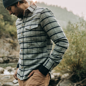 fit model wearing The Crater Shirt in Ash Plaid, hand in pocket