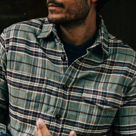 fit model wearing The Crater Shirt in Blue Plaid, cropped shot of chest