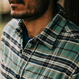 fit model wearing The Crater Shirt in Blue Plaid, collar shot