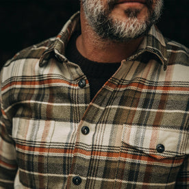 our fit model wearing The Crater Shirt in Tan Plaid—cropped chest shot