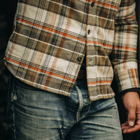 our fit model wearing The Crater Shirt in Tan Plaid—chest down