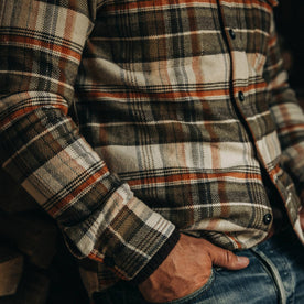 our fit model wearing The Crater Shirt in Tan Plaid—hand in pocket