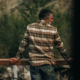 our fit model wearing The Crater Shirt in Tan Plaid—back shot 
