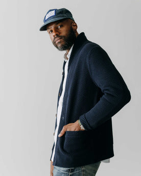 fit model rocking the The Crawford Sweater in Navy, Knits by Taylor Stitch