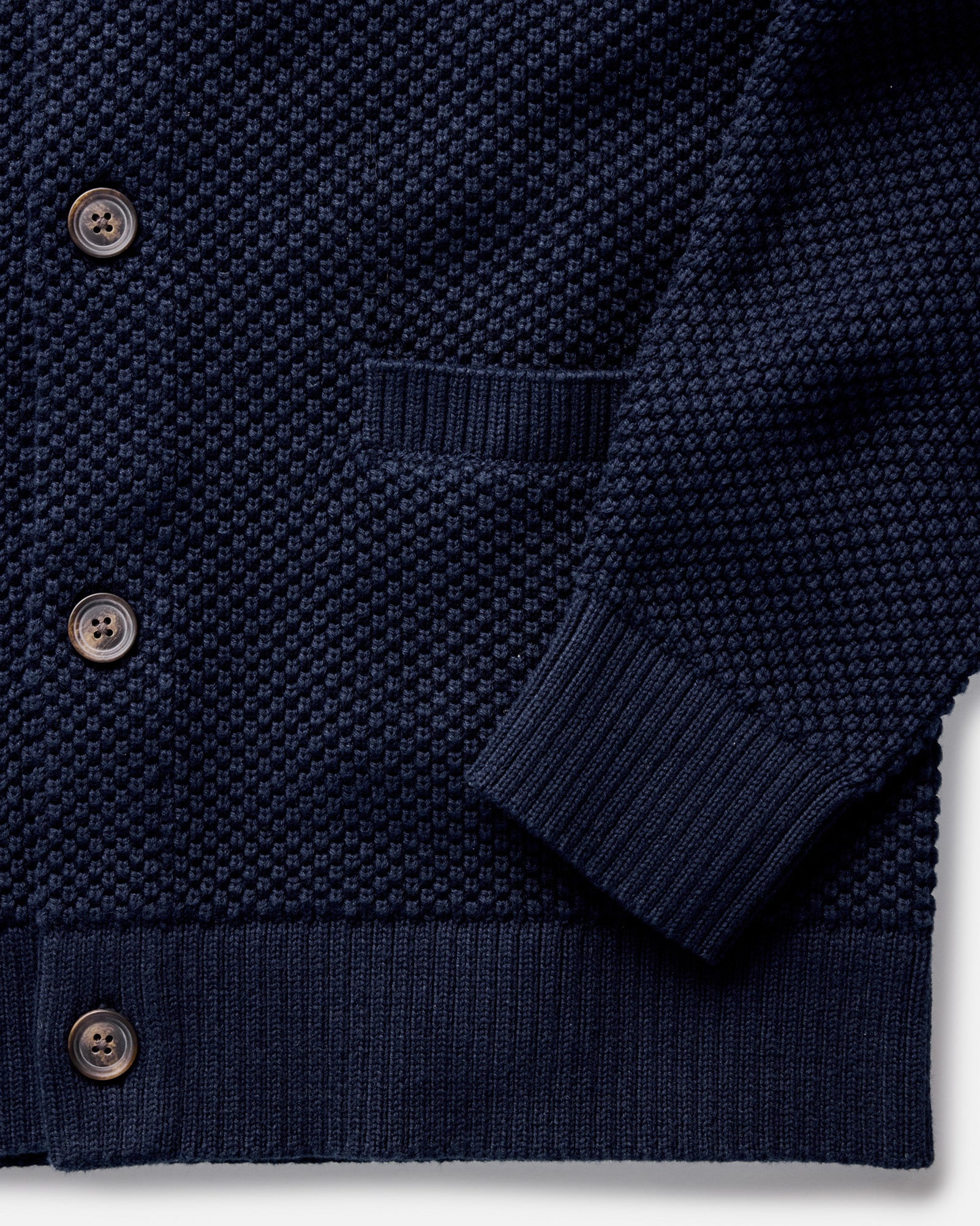 material shot of the sleeves on The Crawford Sweater in Navy, Knits by Taylor Stitch